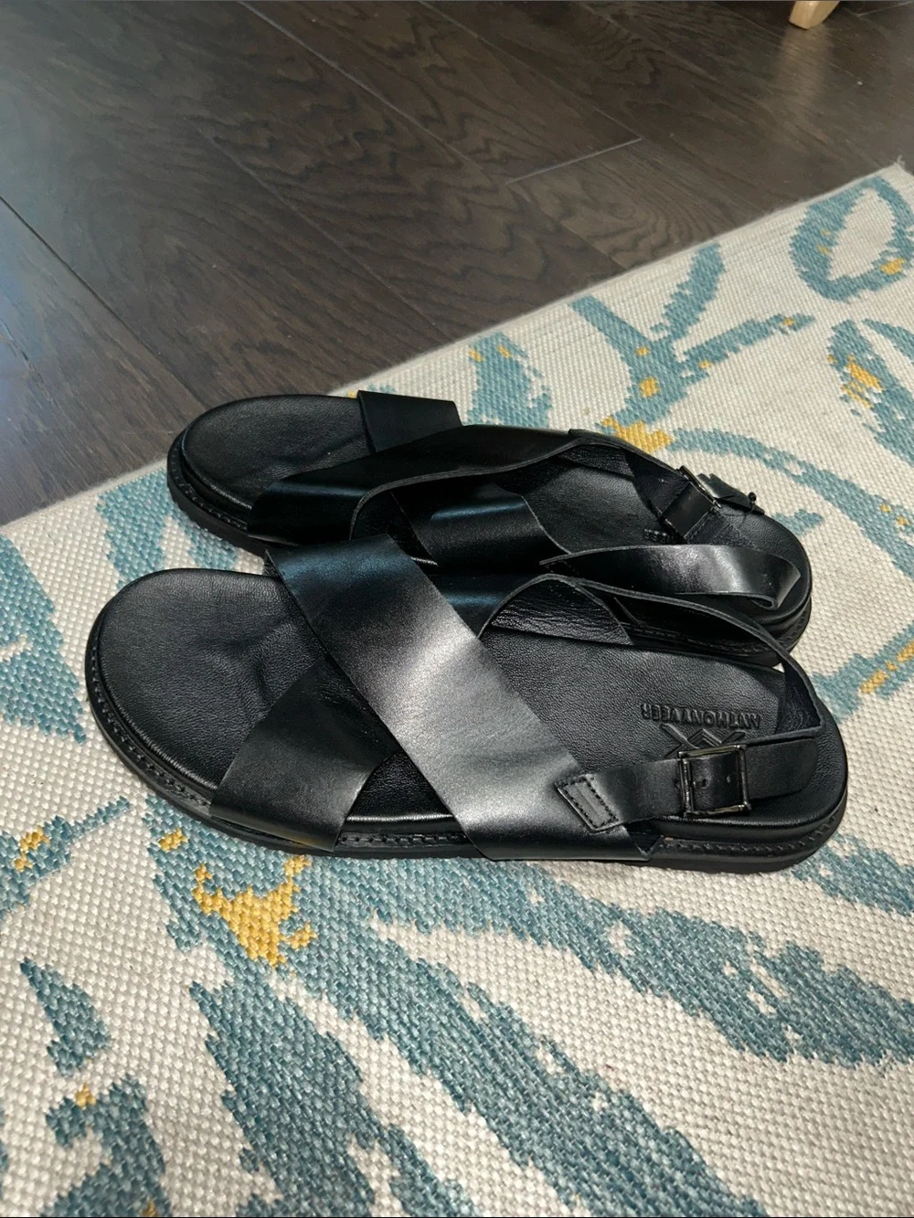 Men's Black Leather Crisscross Sandals with  Adjustable Ankle Strap